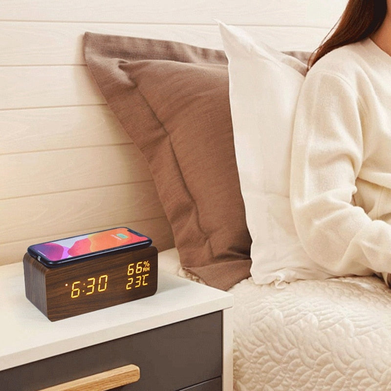 Digital LED Wood Effect Alarm Clock & Charger